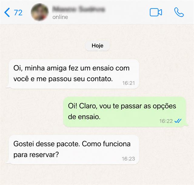 Print de conversa no WhatsApp: cliente chegou por indicação de uma amiga que já fez ensaio