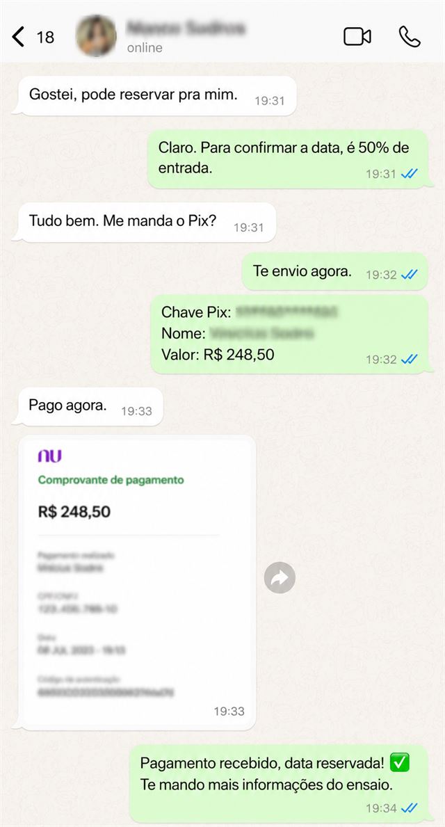 Print de conversa no WhatsApp: cliente confirmando reserva e enviando o comprovante do Pix