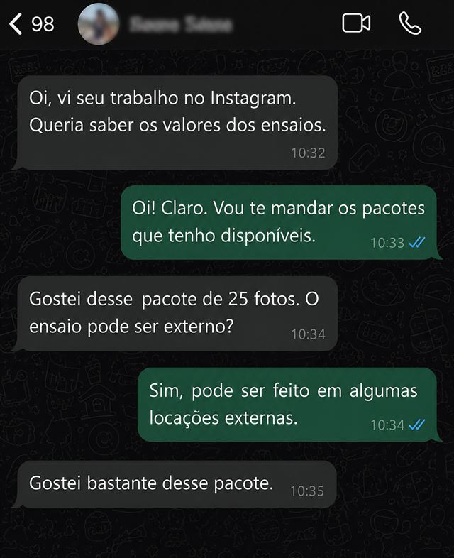 Print de conversa no WhatsApp: cliente demonstrando interesse depois de ver o trabalho no Instagram