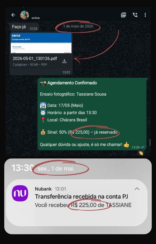 Print de agendamento confirmado e notificação de pagamento recebido, mostrando a agenda em movimento